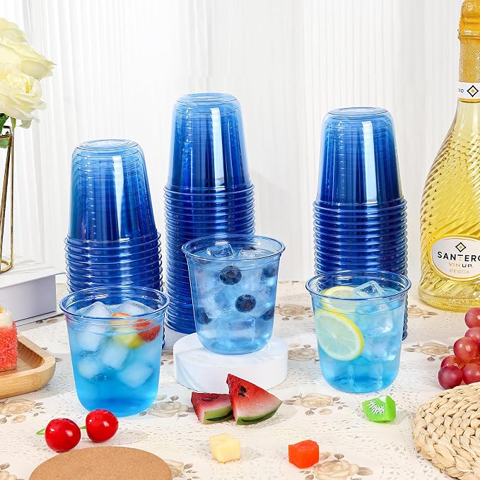 KesaPlan 50Pcs 12oz Blue Plastic Party Cups, Disposable Wine Cocktail Cups | Cute Crystal Wine Stemless Glasses, Round Bottom PET Cold Drink Cups for Wedding Birthday Meeting Christmas Baby Shower Party
