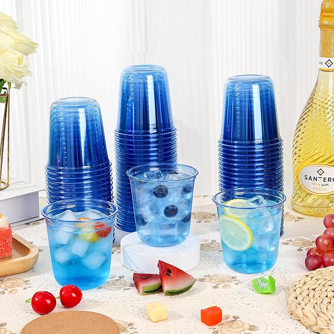 KesaPlan 100Pcs 12oz Blue Plastic Party Cups, Disposable Wine Cocktail Cups | Cute Crystal Wine Stemless Glasses, Round Bottom PET Cold Drink Cups for Wedding Birthday Meeting Christmas Baby Shower Party
