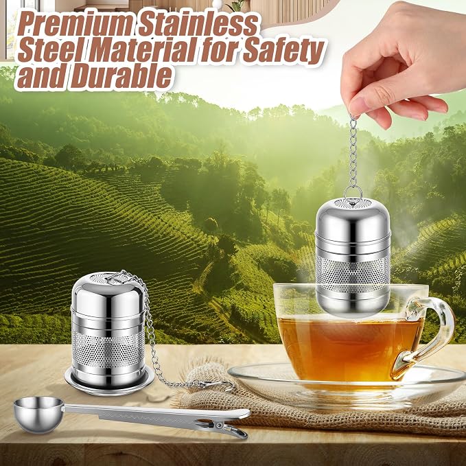 4 Pcs Tea Infuser Strainers for Loose Tea with Scoop, Extra Fine Mesh Steeper 304 Stainless Steel Diffuser Leaf Holder with Extended Chain Hook for Brew, Spices, Seasoning (Stylish Style)