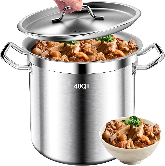 Large Stock Pot - Stainless Steel Stockpot with Lid - Heavy Duty Tri-Ply Bottom Commercial Grade Soup Pot for Cooking Soup, Stew, Canning, Oven, Gas, Ceramic, Dishwasher Safe