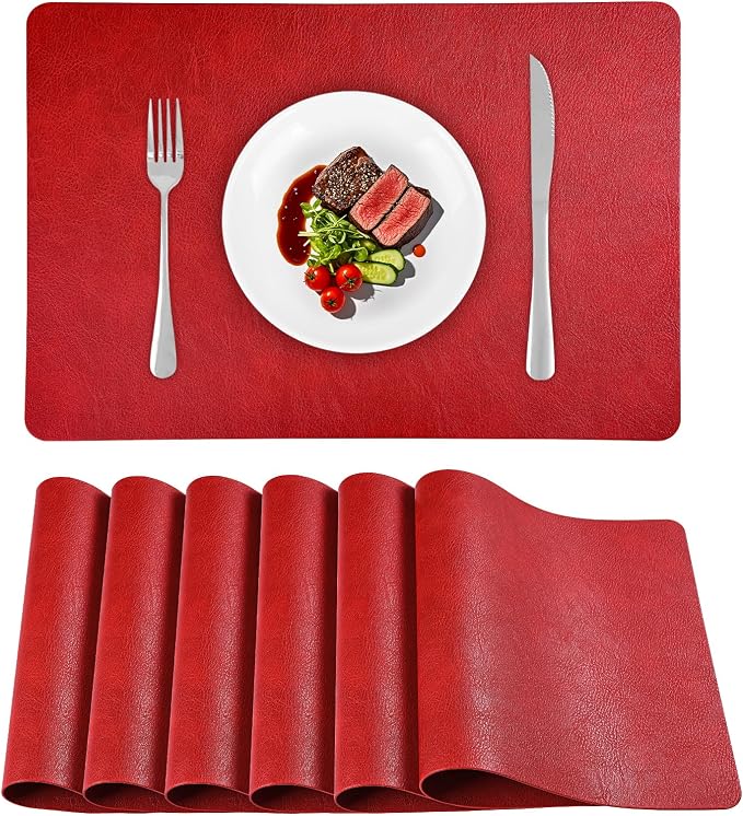 Faux Leather Placemats Set of 6 Heat Resistant Table Mats 17×12 Inch | Waterproof & Wipeable Place Mats Set of 6 Dual Sided Table Placemats for Kitchen Dining Decor Indoor & Outdoor 43×30 CM Red