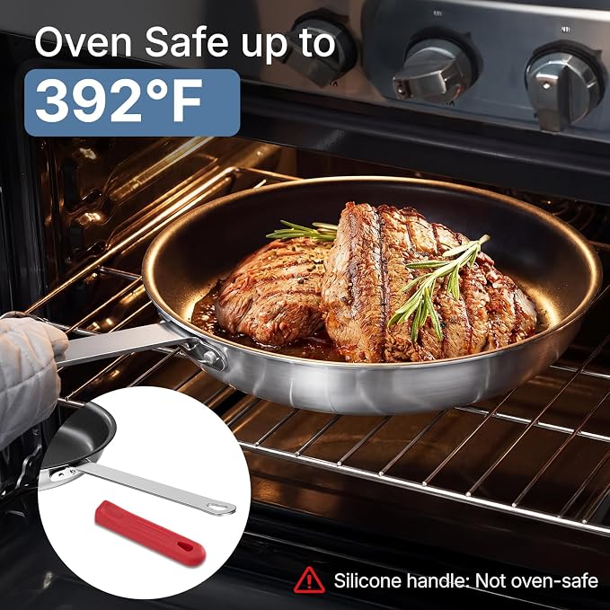 DUMOS 12 Inch Nonstick Frying Pan, Heavy-Gauge Aluminum Skillet with Ceramic Nonstick Coating, Stainless Steel Base & Handle, Omelet Pan for Induction, Electric, Gas, Oven Safe, Red Handle