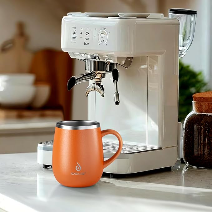 Ideus 16 oz Insulated Coffee Mug with Handle and Lid, Double Wall Stainless Steel Vacuum Thermal Coffee Mug, Travel Coffee Cup Thermal Cup for Home and Office, Orange Tiger