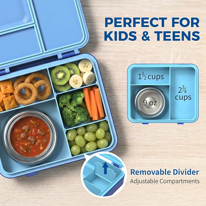 HOMEKOL Bento Lunch Box for Kids with 9oz Insulated Food Jar, Blue | 5-Compartment Leak-Proof Lunch Container for Girls Boys, BPA/BPS-Free, Dishwasher Safe