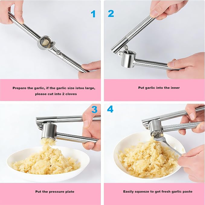 304 Stainless Steel Garlic Press Set Peeler & Brush | Labor-saving handle, removable liner, rustproof and dishwasher safe