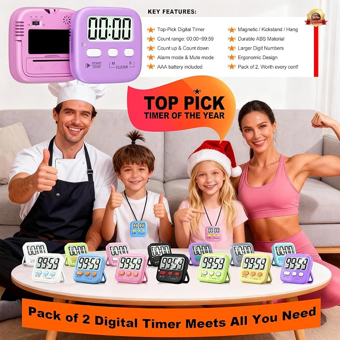 2 Pack Digital Timer for Kids Classroom Kitchen Timers for Cooking | w/ Battery, Easy to View, Alarm, Mute Mode, Count Down/Up, Magnetic, Kickstand, Hanging, Classroom Timer for Teacher Supplies