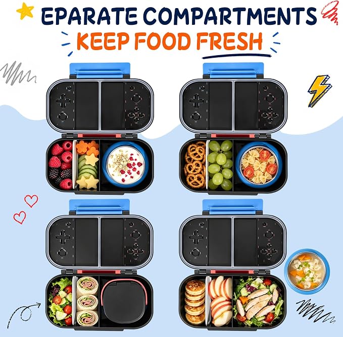 Kids Lunch Box with 9oz Thermo, Game Bento Box for Boys & Girls, 2-Compartment Meal Container with Stainless Steel Spoon & Sauce Cup, Food-Grade, Dishwasher Safe, Ideal for School & Travel (Blue/Red)