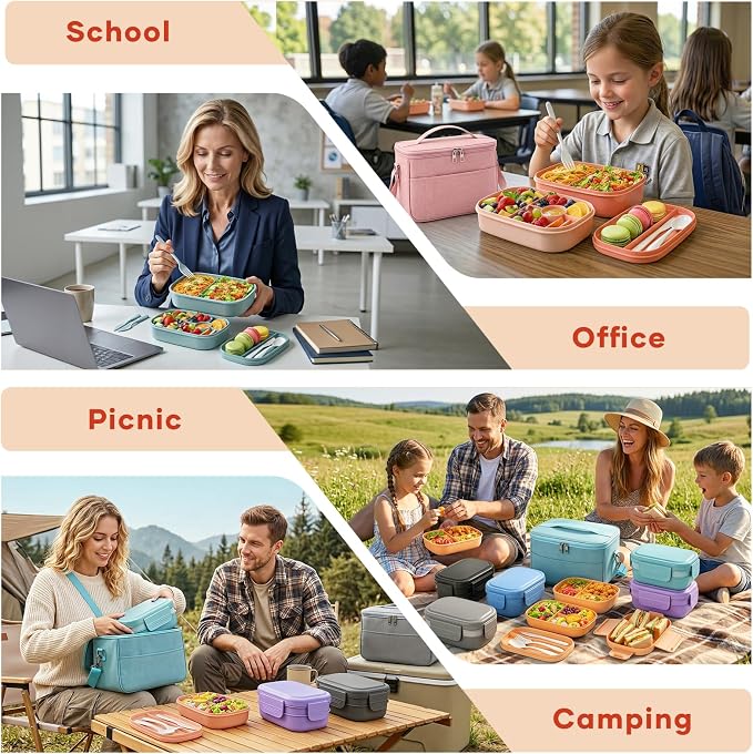 HOMETALL Bento Box Adult with Insulated Lunch Bag - 3 Stackable Leak-Proof Lunch Box Containers for Women & Men - BPA Free Lunchbox with Utensil Set (Spoon, Knife, Fork) for Work, Picnic, Dining Out