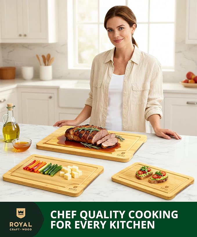 ROYAL CRAFT WOOD Cutting Boards for Kitchen - Chopping Board Set of 3 - Wooden Cutting Boards for Meal Prep & Serving - Bamboo Wood Cutting Board Set - Charcuterie & Chopping Butcher Block for Meat