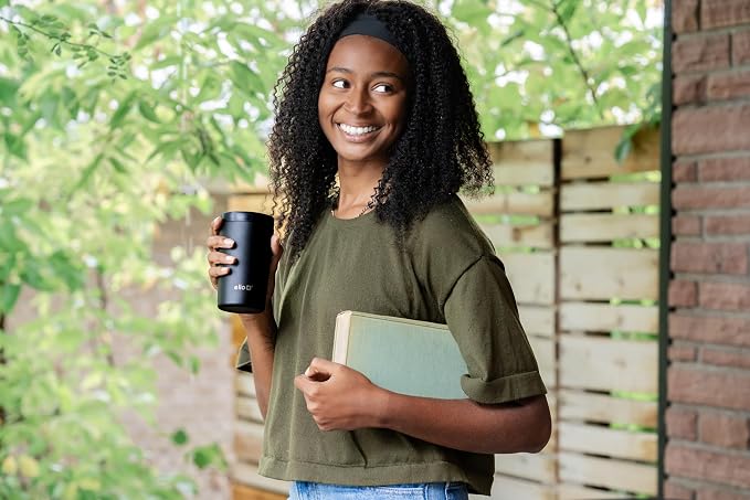 Ello Jones 11oz Insulated Stainless Steel Leakproof Travel Mug, Black | Leakproof coffee cup keeps drinks hot for 3 hours. BPA-free, single-serve size, great for hot drinks, tea, and the office.