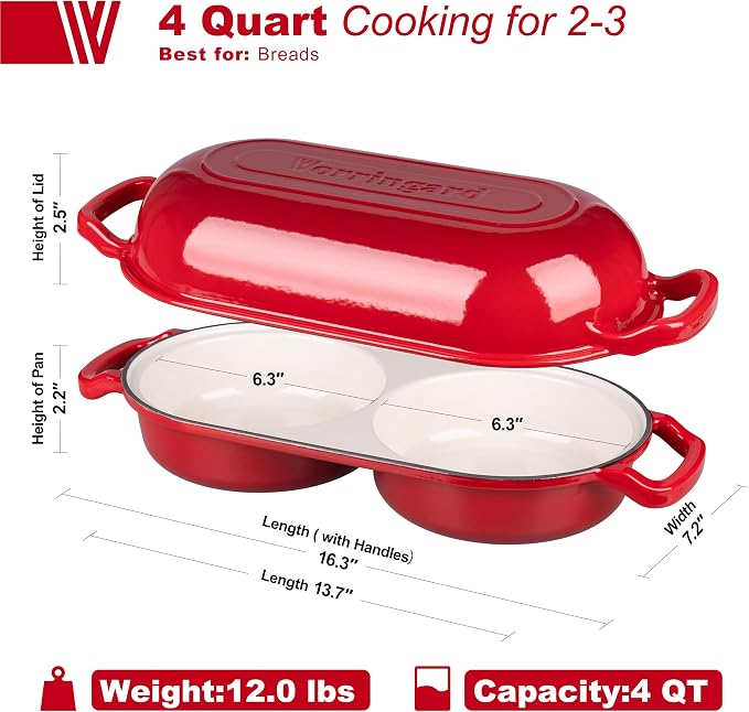 Enameled Cast Iron Double Dutch Oven with Lid, Dual Round Loaf Pan, Bread pan for Homemade Sourdough Bread Baking, Red