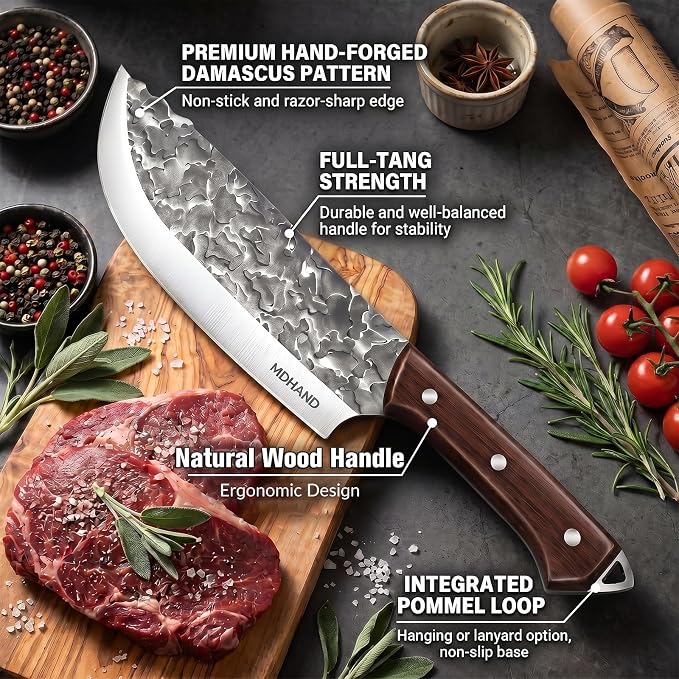 Butcher Knife Set, Hand Forged Butcher Chef Knife Set with Roll Bag | High Carbon Steel 14PCS Meat Cleaver Knife, Bone Chopper Knives, Fillet Knives for Kitchen, Camping Outdoor BBQ, Gift for Men