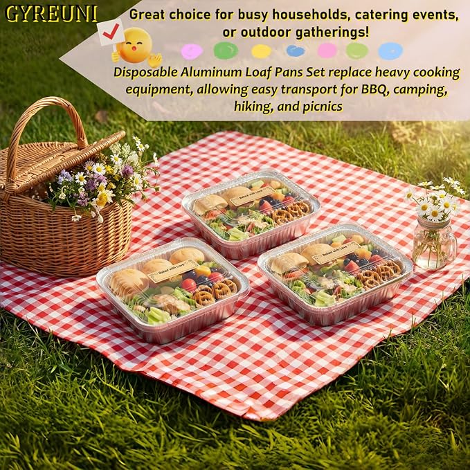 Gyreuni 50 Pack Mini Aluminum Loaf Pans with Lids Kit,6 X 4.7inch | 50 Pack Disposable Aluminum Loaf Pans with Lids and Stickers,idea for Brownies Mini Cakes Meal Prep Oven/Freezer Safe