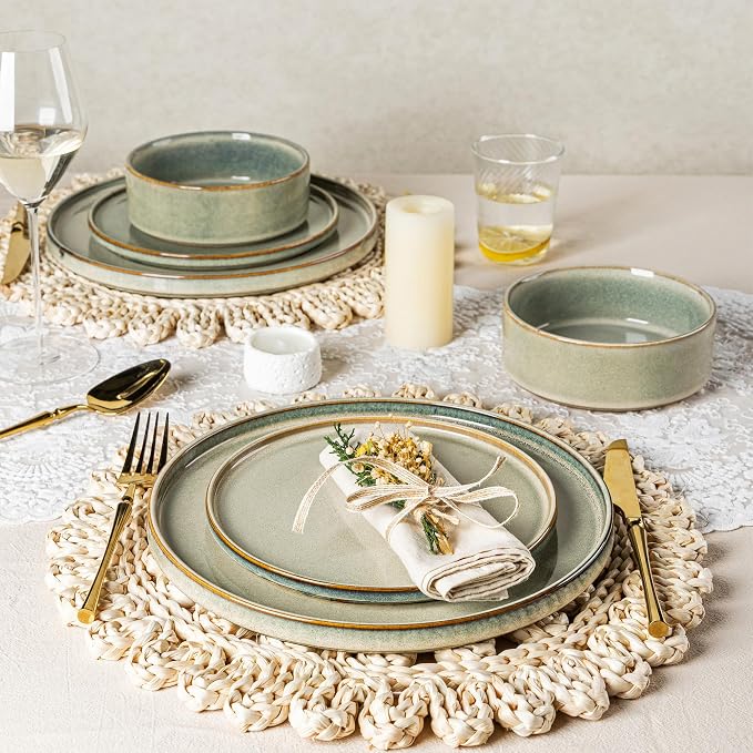AmorArc Ceramic Dinnerware Sets for 6,18 Piece Plates and Bowls Sets Dishes | Stoneware Handmade Reactive Glaze Dishes Set | Highly Chip and Crack Resistant | Dishwasher & Microwave Safe