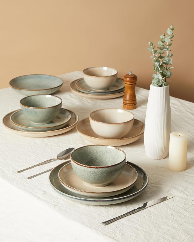 Stoneware Dinnerware Sets Service for 4, 12 pcs Reactive Glaze Plates and Bowls Sets, Handmade Ceramic Dish Set, Highly Chip and Crack Resistant Modern Plate Set, Mocha Beige