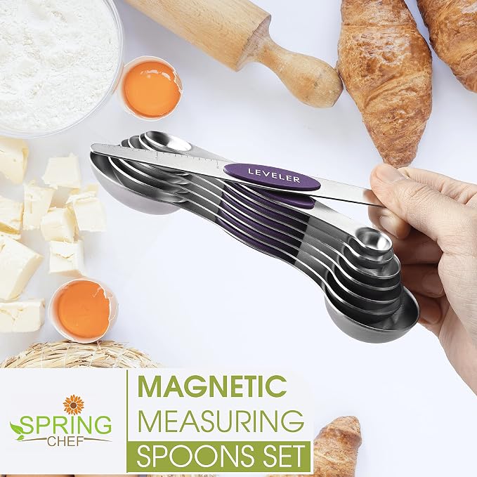 Spring Chef Stainless Steel Magnetic Measuring Spoons Set of 8, Purple | Metal Teaspoon & Tablespoon Measuring Spoons w/ Leveler for Dry & Liquid Ingredients, Measure Spoons for Baking & Cooking