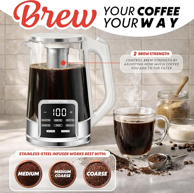 Gourmia Electric Glass Kettle – 1.7L Programmable Tea & Coffee Brewer with Digital Touch Display, 6 Presets, Removable Stainless Steel Infuser, Cordless with 360° Swivel Base, White