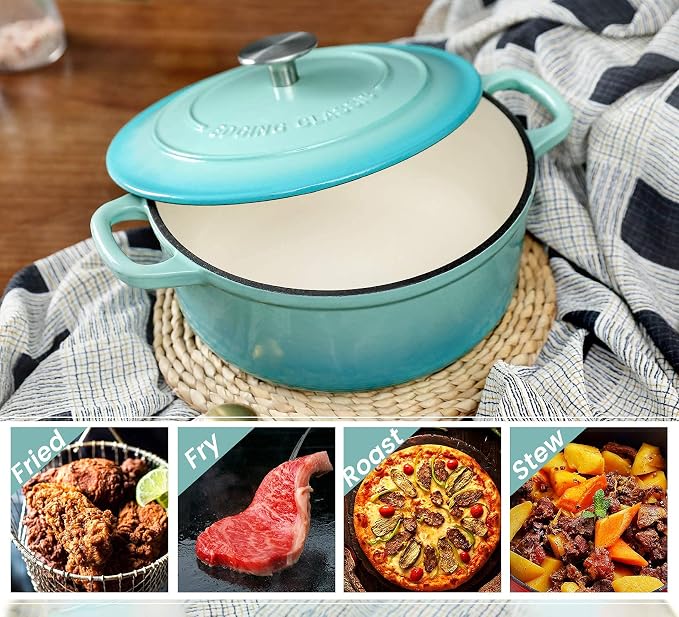 EDGING CASTING Enameled Cast Iron Covered 5.5 Quart Dutch Oven with Dual Handle for Bread Baking, Dutch Ovens with Lid, Peacock Blue