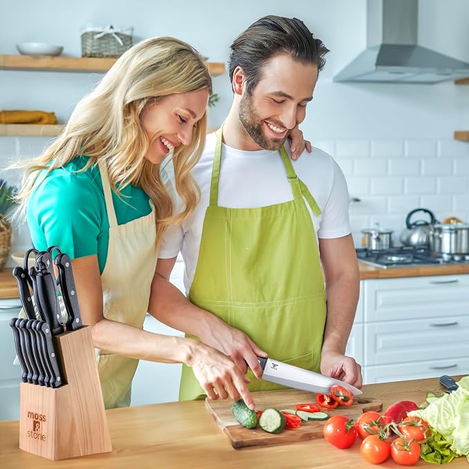Moss & Stone 14 Pcs Kitchen Knife Set with Block, Stainless Steel | Premium forged kitchen knives with high-carbon sharp blades, ergonomic handle, rust-resistant knife block set for home & chef