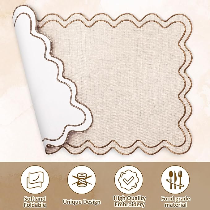 Whaline Beige Linen Placemats Embroidered Scalloped Kitchen Place Mats for Birthday Baby Shower Party Home Dining Table Decor, Set of 6, 13 x 19 in