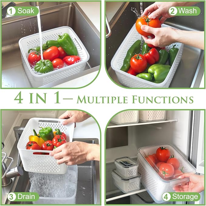 CAPHONT 12 Pack Fruit Storage Containers for Fridge with Removable Colander | 2-in-1 Organic Fruit Storage, 6 Size Clear Vegetable Storage Containers Set Keep Fruits, Vegetables, Meat Fresh Longer ﻿