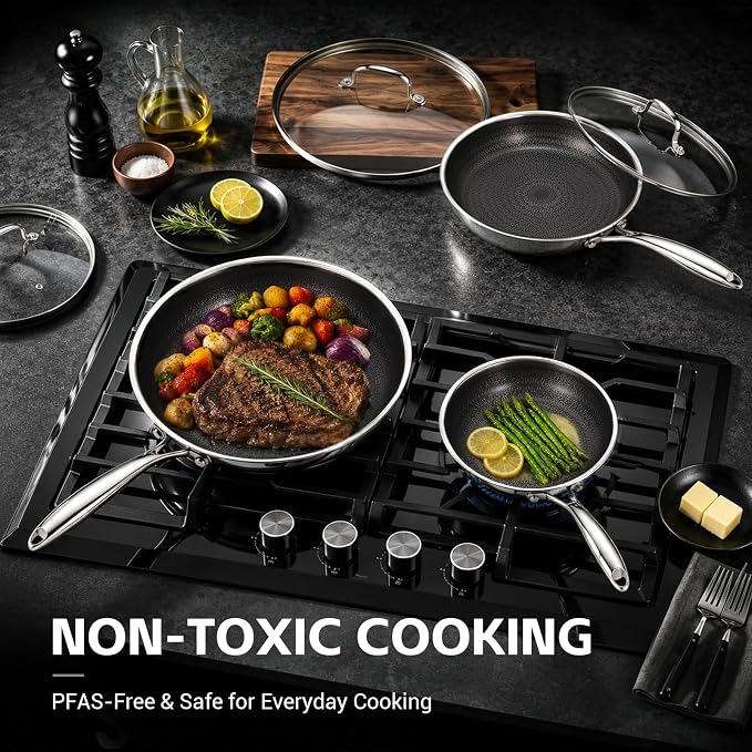 Ammeloo Hybrid Tri-Ply Stainless Steel Frying Pan Set, 8"/9.5"/11" Cooking Pans, Non Stick Frying Pans and Skillets, Chef Pan, Non Toxic, Dishwasher Safe, Induction Compatible, Black Interior