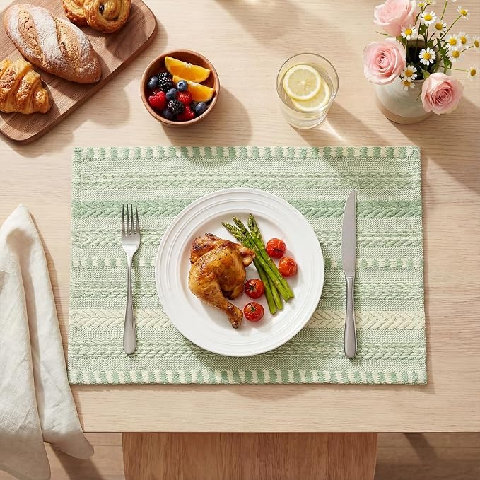 Artoid Mode Sage Green Farmhouse Woven Braided Stripe Placemats Set of 4,12x18 Inch Seasonal Holiday Table Mats Party Kitchen Dining Decoration