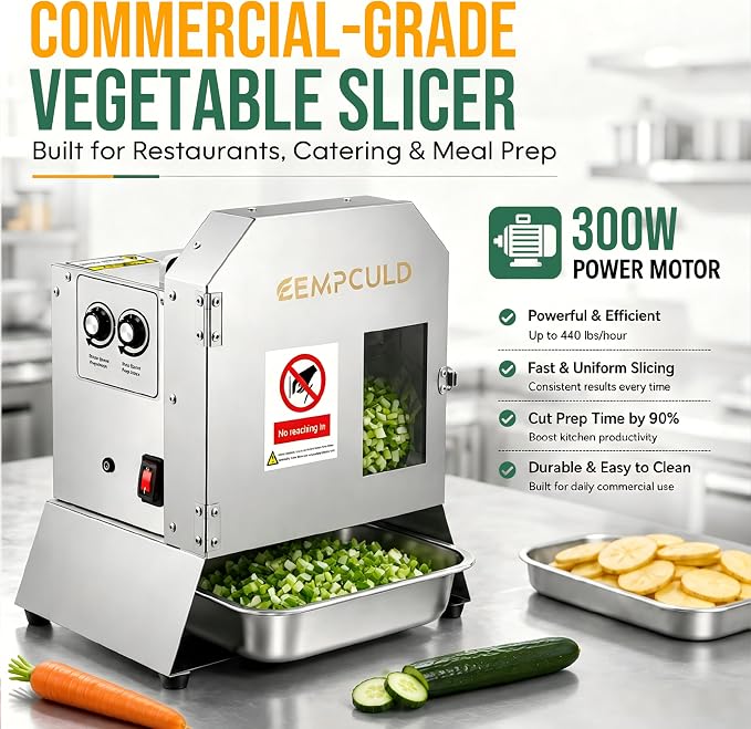 Electric Vegetable Slicer, 300W High-efficiency Automatic Fruit Slicer, 1-35mm Adjustable Thickness Vegetable Cutter for Home and Commercial Use, Track and Blade Rotation Speed Adjustable