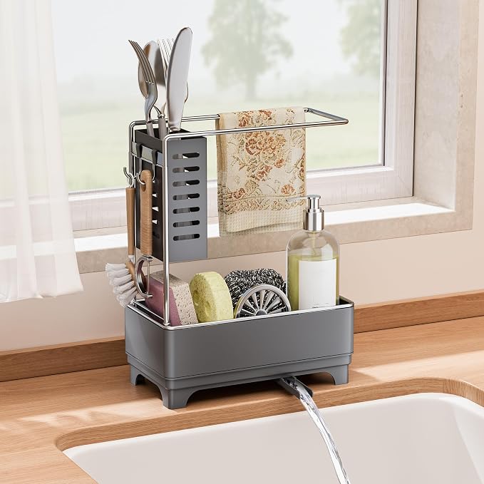 MOUKABAL 2-Tier Sponge Holder for Kitchen Sink, Sink Caddy Organizer Grey | Large Capacity/Rustproof Stainless Steel/360° Rotating Drain Keeps Counter Dry/Holds Sponge & Soap Bottle/Easy-Clean Tray
