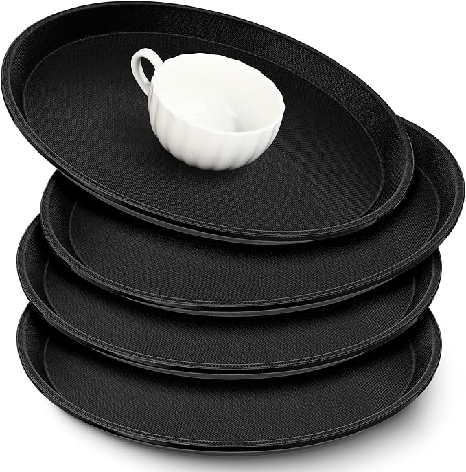 Zopeal 4 Pcs Bar Service Tray Round Plastic Non Slip,11" | For Waiter Server in Restaurant Cafeteria Bar, Raised Edges Prevent Spills, Cocktail Food Server, Textured Surface Grip