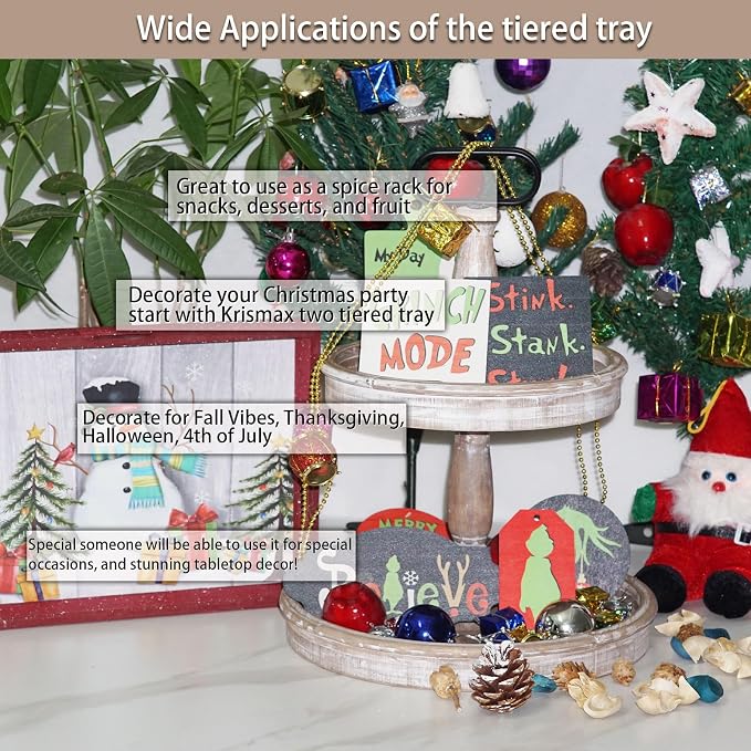 Krismax Decorative Trays - Two Tiered Tray Stand Rustic Decor Farmhouse 2 Tiered Tray Serving Tray Seasonal & Holiday Decoration Wooden Tray