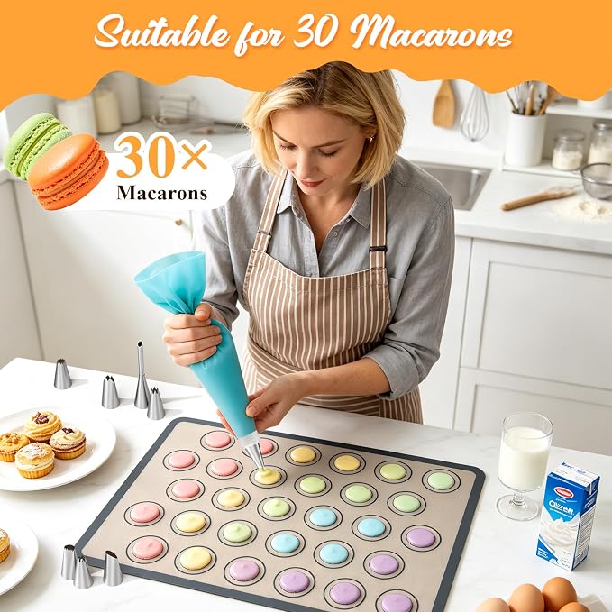 Macaron Silicone Baking Gray Mats, 17 Pcs Macaron Baking Kits | 2 Nonstick Macaroon Mat Silicone, 7 Piping Tips, 2 Piping Bags, 2 Bag Ties, 2 Couplers, 1 Puff Tip, 1 Brushes