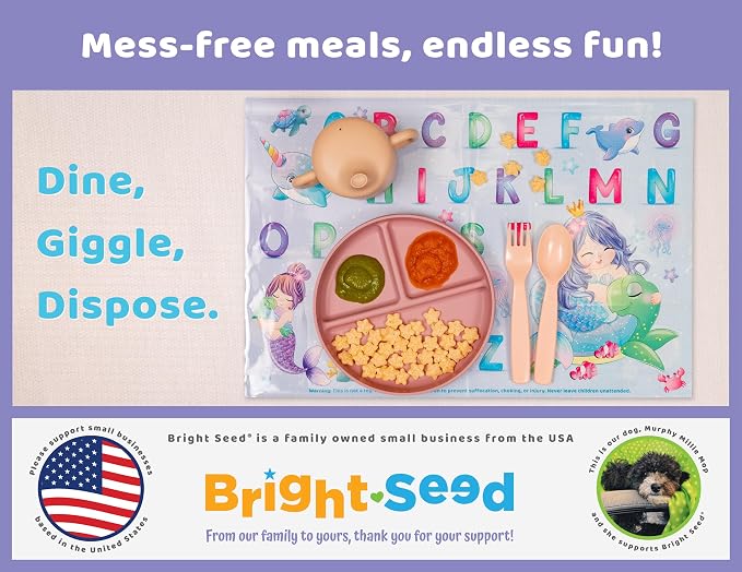 Bright Seed Disposable Placemats for Baby & Toddlers, Learning Mat- Mermaid | 40 Disposable Placemats, ABC, Numbers & Animal Learning, Perfect for Restaurants & Travel, Helps Keep Tables Clean
