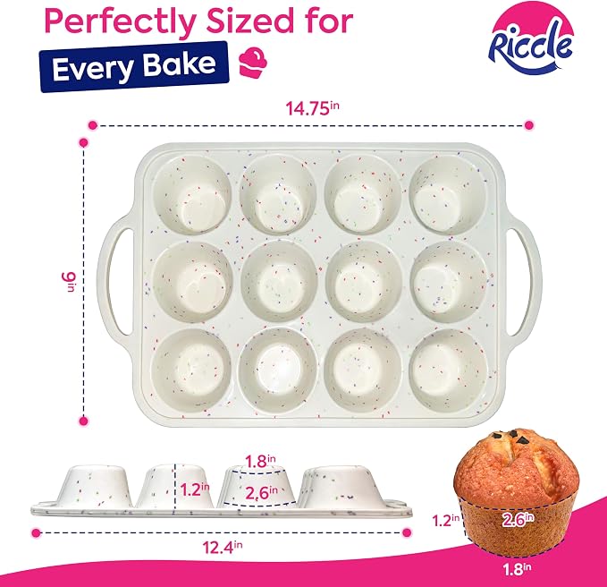 Silicone Muffin Pans for Baking with Metal Reinforced Frame, 12-Cup Cupcake Pan, 2 Pcs Muffin Trays for Cupcake Baking, Tray Molds, Oven & Dishwasher Safe, BPA-Free (2 x Standard)