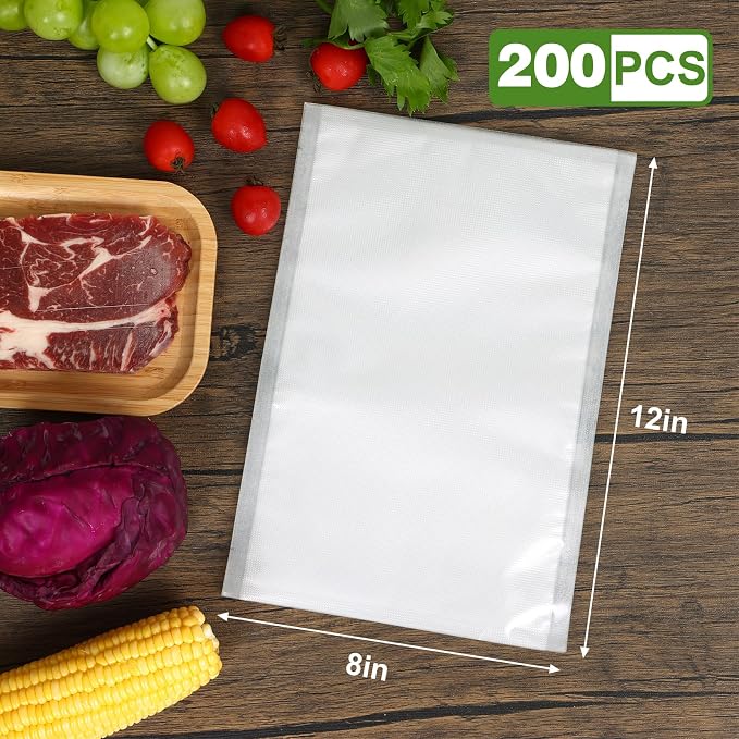 Vacuum Sealer Bags for Food Storage, 8" x 12" Vacuum Seal Bags, 200 Count | 3Mil Embossed BPA-Free Puncture-Resistant Bags, Universal Fit for Sous Vide, Meal Prep, Freezer Storage & Food Preservation
