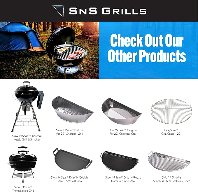 SnS Grills Drip 'N Griddle Pan 26" - Extra Large 3-in-1 Charcoal Grill Accessory for Searing, Dripping, and Griddling, Stainless Steel BBQ Accessory - XL for 26" Weber and Other Kettle Grills