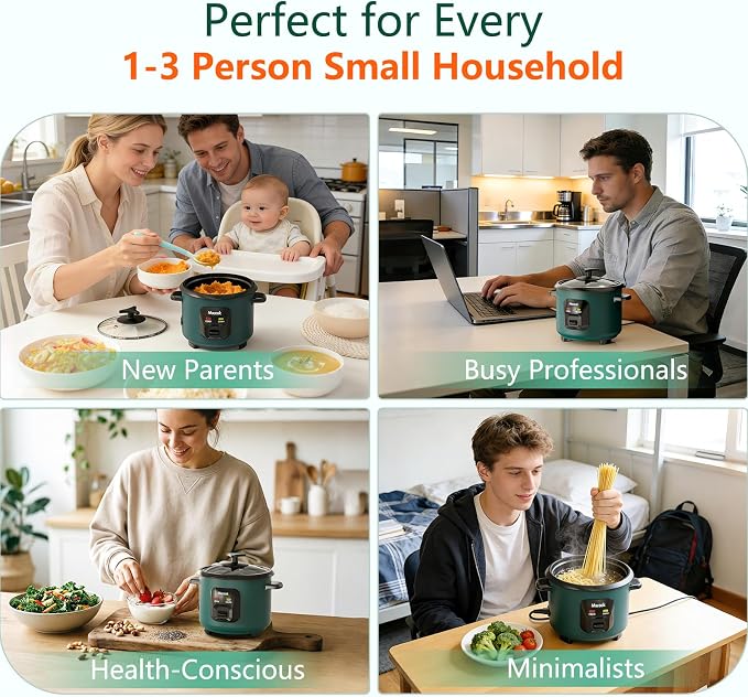 Macook Mini Rice Cooker | 6-Cup (0.6L) Small Rice Maker | One-Button Operation | Non-Stick Inner Pot | Automatic Keep Warm & Overheat-Proof | for 1-6 People, Students & Small Families (Green)