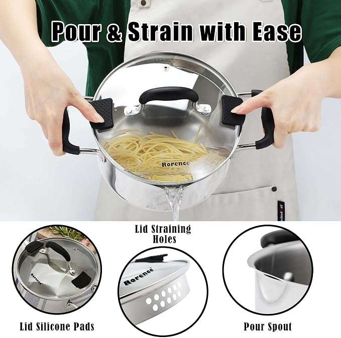 Rorence 3.7 Quart Stainless Steel Stock Pot with Lid, Pasta Pot for Cooking | Stockpot with Pour Spout & Silicone Handles & Glass Lid with Strainer