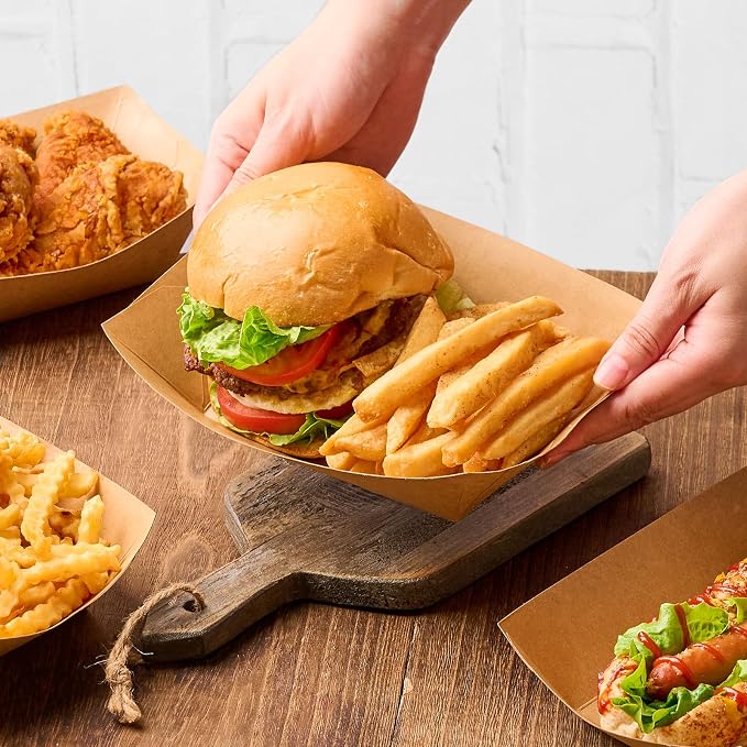 ZORRITA Large Paper Food Trays, 4 LB, 100 Pack | Disposable, Kraft Paper, Nacho Trays, Food Boats, Party Serving Basket, For Nachos Sandwiches Burgers Popcorns Salads Snacks