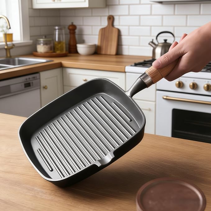 Cast Iron Grill Pan 9 Inch Griddle Pan Skillet with Kitchen Tong & Brush for Steak Searing