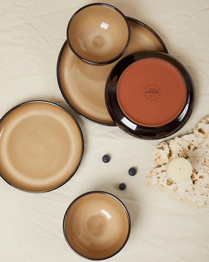 Santorini Mist Terracotta Reactive Glaze Plates and Bowls Sets, Stoneware Dinnerware Sets, Microwave and Dishwasher Safe Ceramic Dish Set Service for 4, Mocha Brown