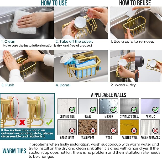 TAILI Sponge Holder for Kitchen Sink with Strong Suction Cup-Gold | Removable Sink Caddy for Kitchen Sink Oganizer, Rustproof Aluminum Sink Sponge Holder for Scraper Brushes, Stoppers