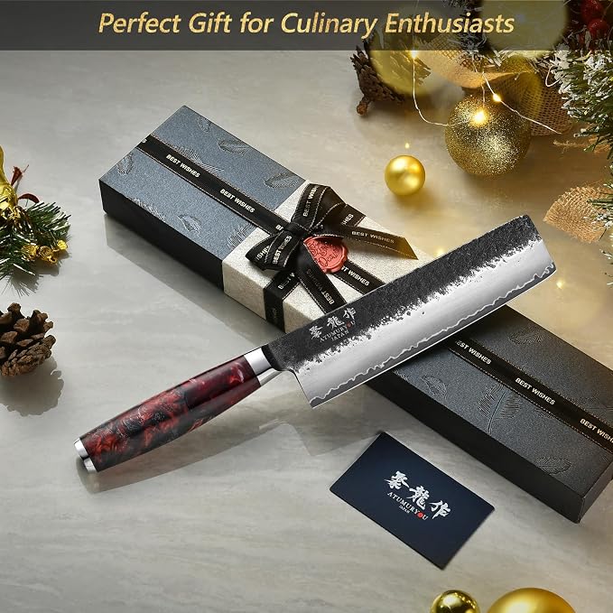 7'' Japanese Nakiri Knife, Black Forged 3-Layer VG10 Steel Core | San-Mai Kurouchi Finish, 62 HRC Hardness, Straight-Edge Precision, Vegetable & Herb Prep, Resin-Wood Handle, Premium Gift Box