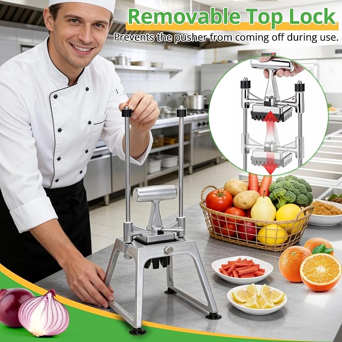 Commercial Vegetable Chopper & Fry Cutter, 3-Blade Manual Dicer | 1/4", 3/8" & 8-wedge blades, stainless steel cutters, aluminum alloy frame, suction base, detachable parts for easy cleaning