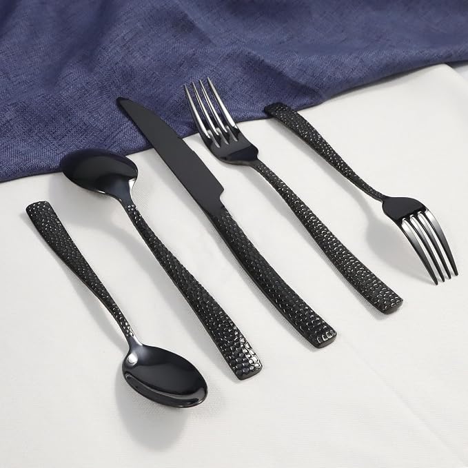 Black Hammered Silverware Set, 40 Piece Stainless Steel Flatware Set for 8, Food-Grade Tableware Cutlery Set for Home Restaurant, Mirror Polished, Dishwasher Safe