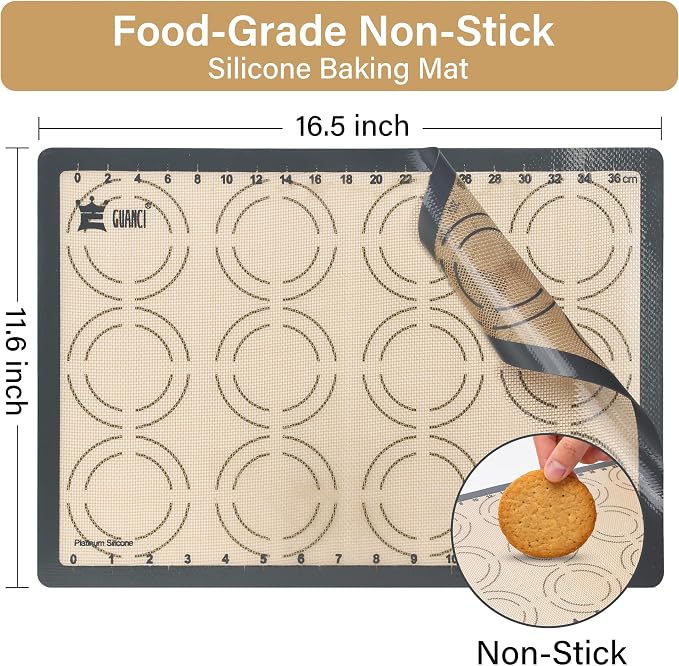 2 Pack Silicone Baking Mats, 11.6" x 16.5" Each, 0.7mm Thick, Food Grade Non-Stick Reusable Baking Mats & Baking Sheet Liners for Cookies, Macarons, Bread, Pizza & Pastry