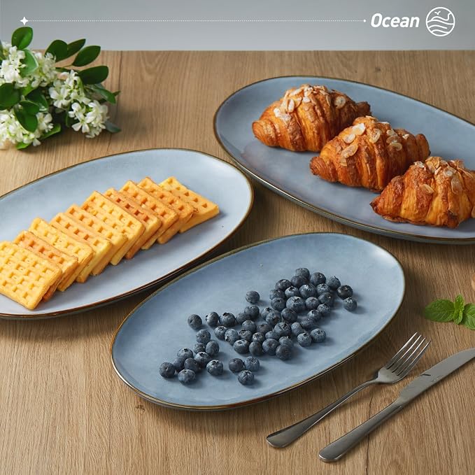 famiware Serving Platters Set of 3 Sizes - Oval, Blue | 15.59"/14.3"/12.9" Fine Stoneware Serving Trays for Party, Entertaining for Food, Turkey, Cheese, Microwave Dishwasher Safe