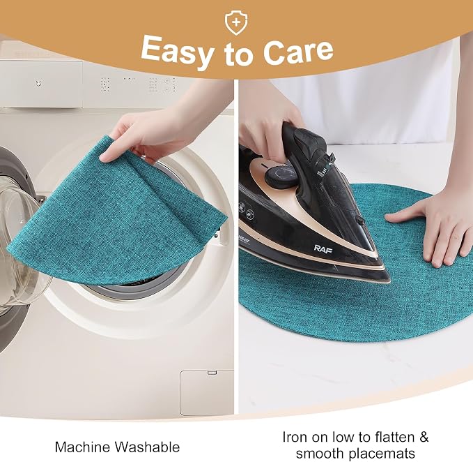 Cotton Linen 15 Inch Round Cloth Place mats, Set of 6, Teal | Washable Table Mats, Heat Resistant, Reversible, Wipeable Place Mats for Indoor Outdoor