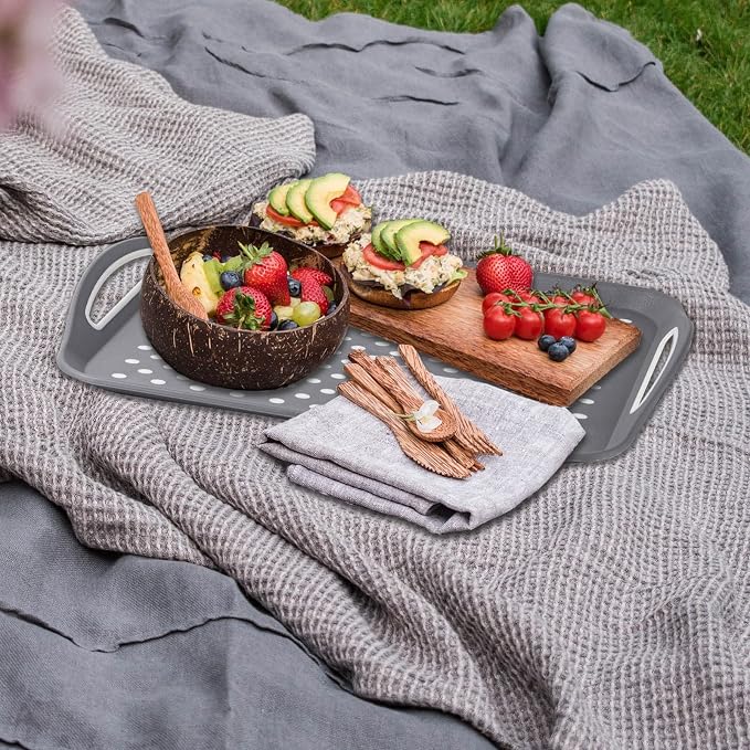 17.7" x 12.5" Anti-Slip Serving Trays with Handles, 3 Pcs X-Large Rectangular Food Serving Tray for Lap, Food Trays for Eating on Couch, Reusable and Durable, Grey