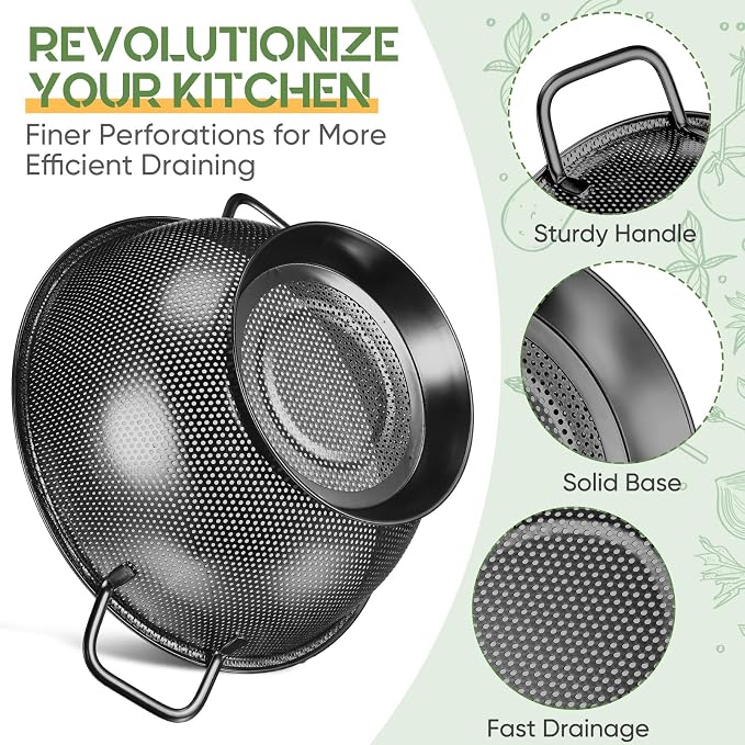 3 Pcs Stainless Steel Colander Set Colander Bowl and Sieves 1/3/5 Quart Metal Mesh Strainer Net Basket with Handles Food Spaghetti Strainer for Kitchen Draining Pasta Rinsing(Black)